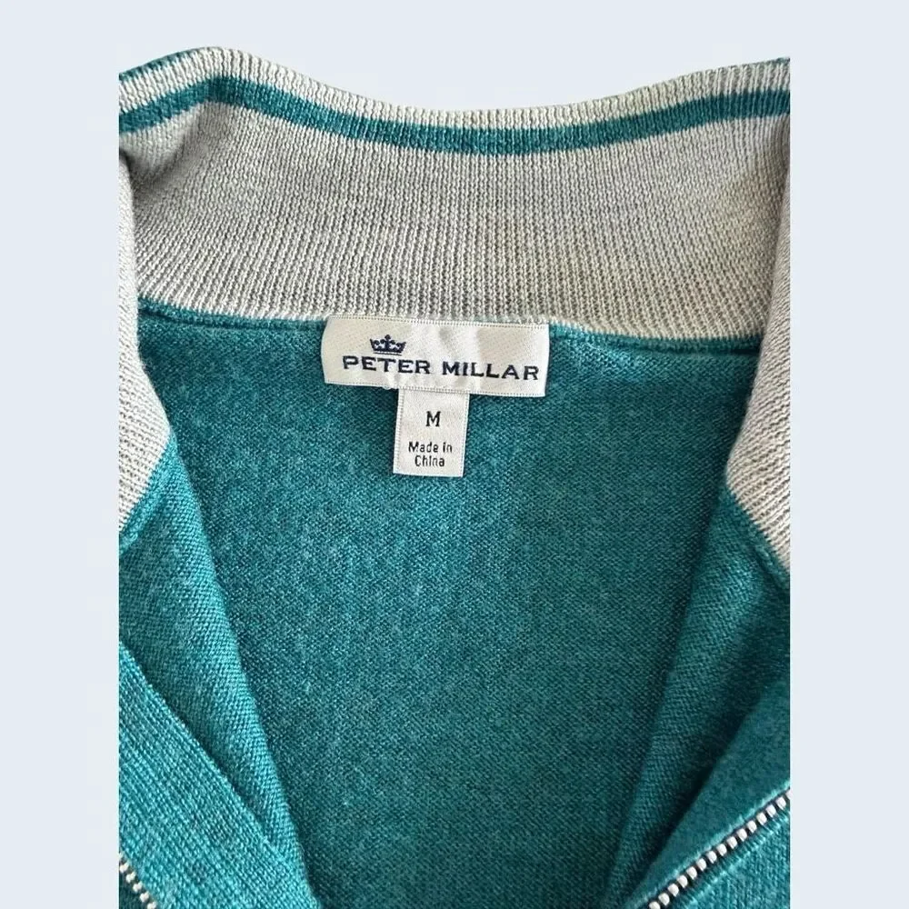 Peter Millar Men’s Teal Merino Wool & Silk Quarter Zip Sweater Medium MF18S52